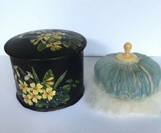 Victorian Black Papier Mache Domed Powder Puff Box With Powder Poof