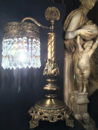 Fine Antique Petite French Gilt Bronze Table Lamp W/ Austrian Crystals C1920