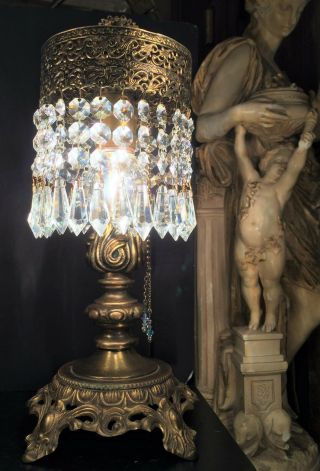 FINE ANTIQUE PETITE FRENCH GILT BRONZE TABLE LAMP W/ AUSTRIAN CRYSTALS c1920 2