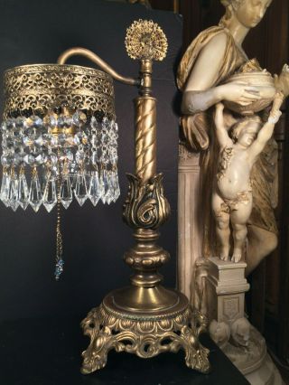 FINE ANTIQUE PETITE FRENCH GILT BRONZE TABLE LAMP W/ AUSTRIAN CRYSTALS c1920 4