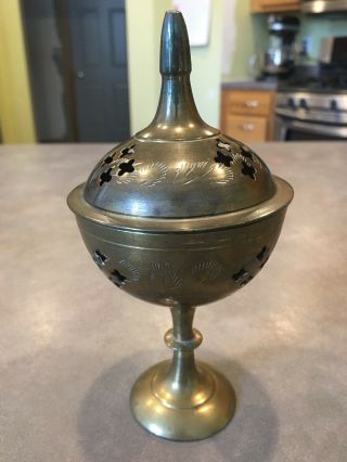 Vintage Brass Incense Burner Pedestal With Lid Etched India