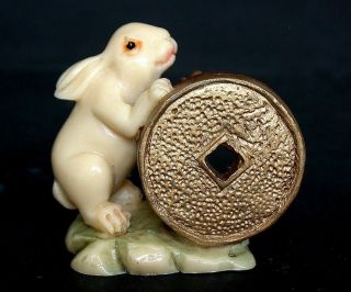 Japanese Ivory Colored Bone Netsuke - Good Rabbit Offer Gold Nugget & Coin Too