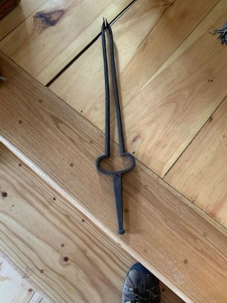 Antique Hand Forged Iron Tongs Vintage Fireplace Blacksmith Log 26.  5 " Opens 15 "