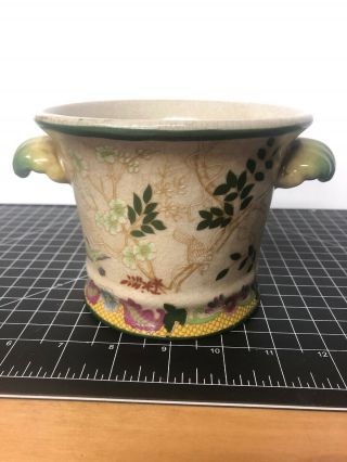 Vintage Crackle Vase - Asian Origin With Handles Flowers Birds 4.  5” Green Glazed