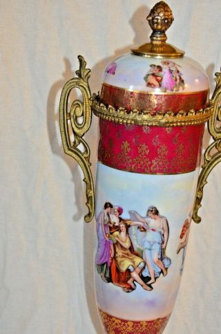 Vtg Antique Sevres Style Porcelain & Metal Lidded Urn Vase Hand Painted Accents 2