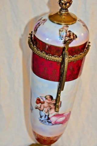 Vtg Antique Sevres Style Porcelain & Metal Lidded Urn Vase Hand Painted Accents 4
