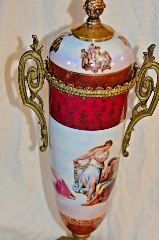 Vtg Antique Sevres Style Porcelain & Metal Lidded Urn Vase Hand Painted Accents 5