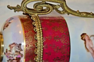 Vtg Antique Sevres Style Porcelain & Metal Lidded Urn Vase Hand Painted Accents 7
