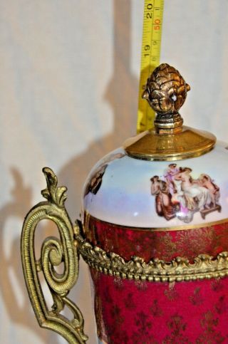 Vtg Antique Sevres Style Porcelain & Metal Lidded Urn Vase Hand Painted Accents 8