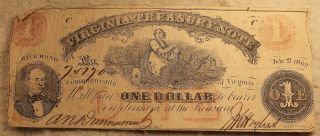 Vintage Confederate States 1862 1 Dollar Virginia Treasury Note