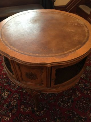 Carved Wooden Vintage Leather Top Drum Table 32 