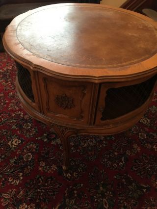 Carved Wooden Vintage Leather Top Drum Table 32 