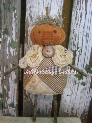 Primitive Harvest Pumpkin Stick Doll,  Quilt,  Doily,  Folk Art Pumpkin Stick Doll