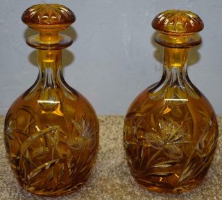 Bohemian Decanters Orange Cut To Clear Crystal With Mushroom Stoppers