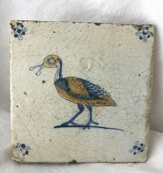 Lovely 17th Century Dutch Delft Polychrome Tile With Duck / Bird