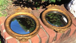 Vintage Wood & Gesso Pair American Eagle Bullseye Convex Wall Mirrors
