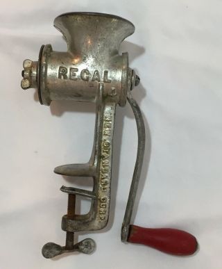 Antique Vtg Regal 4 Meat Grinder Red Wood Crank Handle Primitive Kitchen Decor