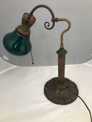 Antique 1920’s Cast Brass Desk Lamp Bell Shape Cased Emeralite Type Shade