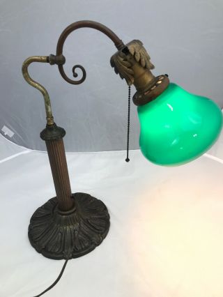 Antique 1920’s Cast Brass Desk Lamp Bell Shape Cased Emeralite Type Shade 2