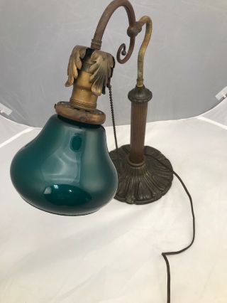 Antique 1920’s Cast Brass Desk Lamp Bell Shape Cased Emeralite Type Shade 3