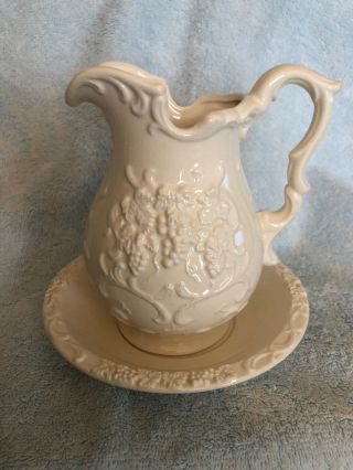 Small Antique Water Pitcher And Basin Approx 6 1/2”x6 1/2”white Grapes Design