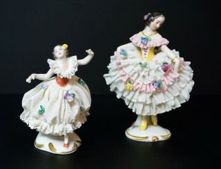 Two Pretty Volkstedt Dresden Porcelain Lace Ballerina Dancers Figurines