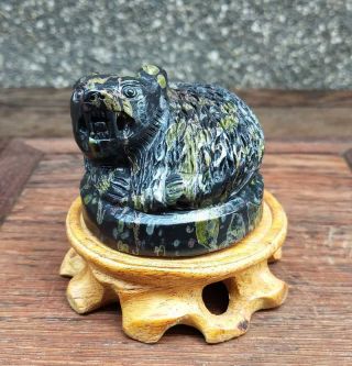 Natural Hetian Jade Jasper Hand - Carved Statue Bear Seal Exquisite Black