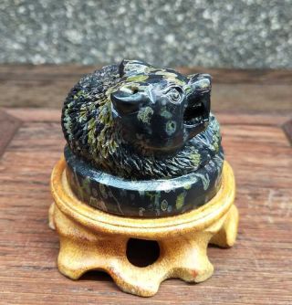 Natural HeTian Jade Jasper Hand - Carved Statue Bear Seal Exquisite Black 3