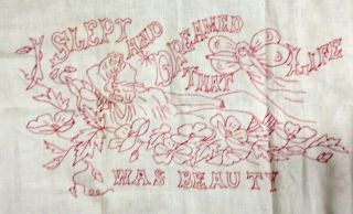 Pair Antique Linen Pillow Layovers Linen W Turkey Redwork Victorian Mottoes Exc