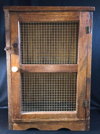 Antique Distressed Primitive Farm House Wood 2 Shelf Pie Safe Cabinet Wire Panel