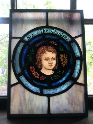 Antique Hand Painted Stained Glass Window With Flowers And Christ Child Jesus