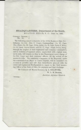 1865 Civil War Document,  Hq Dept Of The South,  107th Ohio Vols