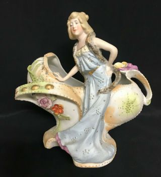 Antique German Bisque Lady Figurine Doll Ornate Art Nouveau Planter Organic