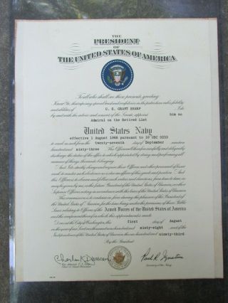 Presidential Retirement Certificate To Usn Navy 4 Star Admiral Us Grant Sharp Jr