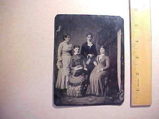 1860s Large 1/2 Plate Tintype Four Victorian Ladies With One Very Pretty W/ Fan