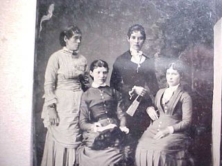 1860s LARGE 1/2 PLATE TINTYPE FOUR VICTORIAN LADIES WITH ONE VERY PRETTY W/ FAN 2