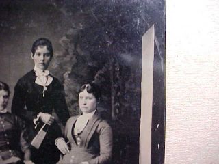 1860s LARGE 1/2 PLATE TINTYPE FOUR VICTORIAN LADIES WITH ONE VERY PRETTY W/ FAN 4