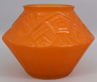 Antique Czechoslovakian Art Deco Hand Blown Pressed Tangerine Art Glass Vase 2