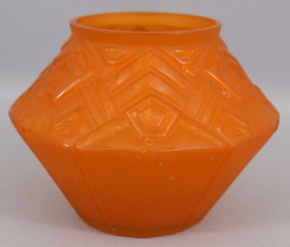 Antique Czechoslovakian Art Deco Hand Blown Pressed Tangerine Art Glass Vase 4