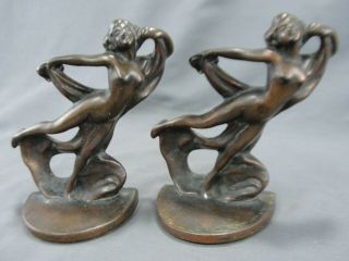 Rare Antique Hubley Bronzed Iron Nude In Clouds Bookends Art Deco Era 73 2