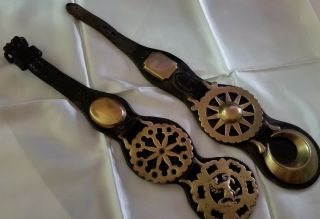 Rare Jewish Ceremonial Leather Belt W/ Brass Buckles Horse,  Sun,  Moon & Star