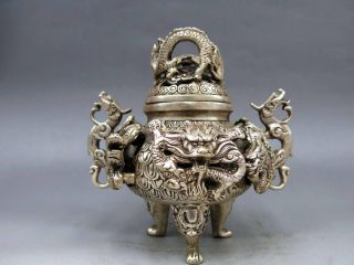 Chinese Old Copper Plating Silver Hand - Carved Dragon Incense Burner E02
