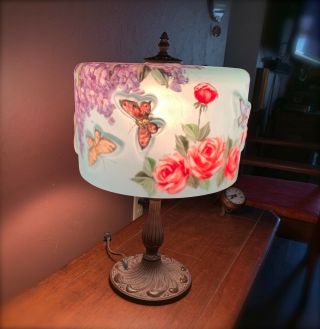 Vintage Reverse Painted Raised Butterflies Florals Satin Glass Lamp Cast Metal