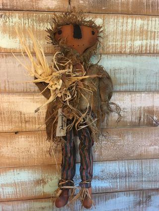 Primitive Grungy Pumpkin Scarecrow Doll With Corn Burlap Coat Fall Halloween 29 "