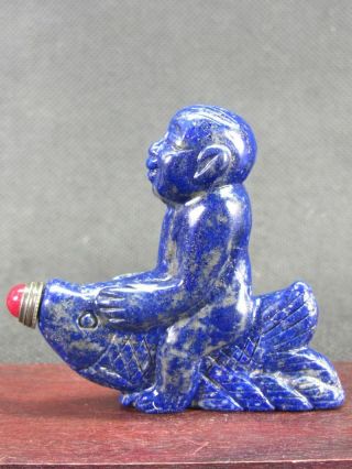 Chinese Boy On Fish Carved Natural Lapis Lazuli Snuff Bottle