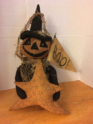 Primitive Folk Art Black Wool Pumpkin Witch Shelf Sitter Pantry Doll Star Flag
