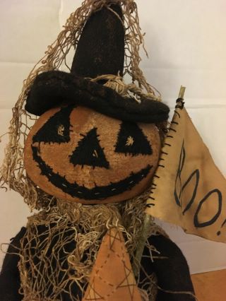 Primitive Folk ARt Black wool Pumpkin witch shelf sitter pantry doll star flag 2