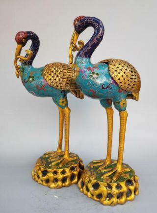 Chinese pure brass cloisonne red - crowned crane incense burner A pair 2