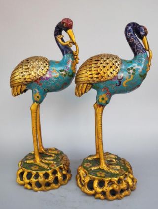 Chinese pure brass cloisonne red - crowned crane incense burner A pair 4