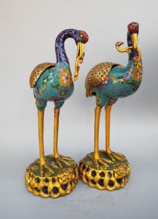 Chinese pure brass cloisonne red - crowned crane incense burner A pair 5